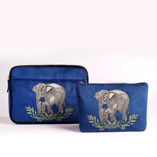 Wild Grace Set Elephant Trails Blue- Laptop Sleeve & Everyday Pouch